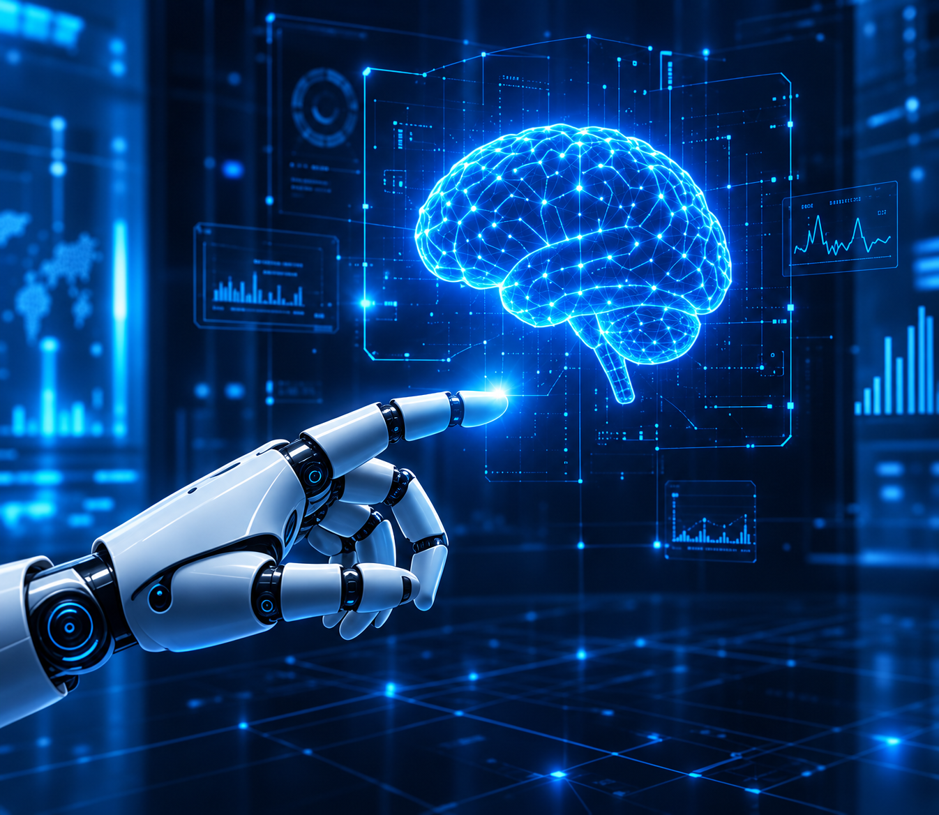 Robot hand pointing to an AI brain hologram