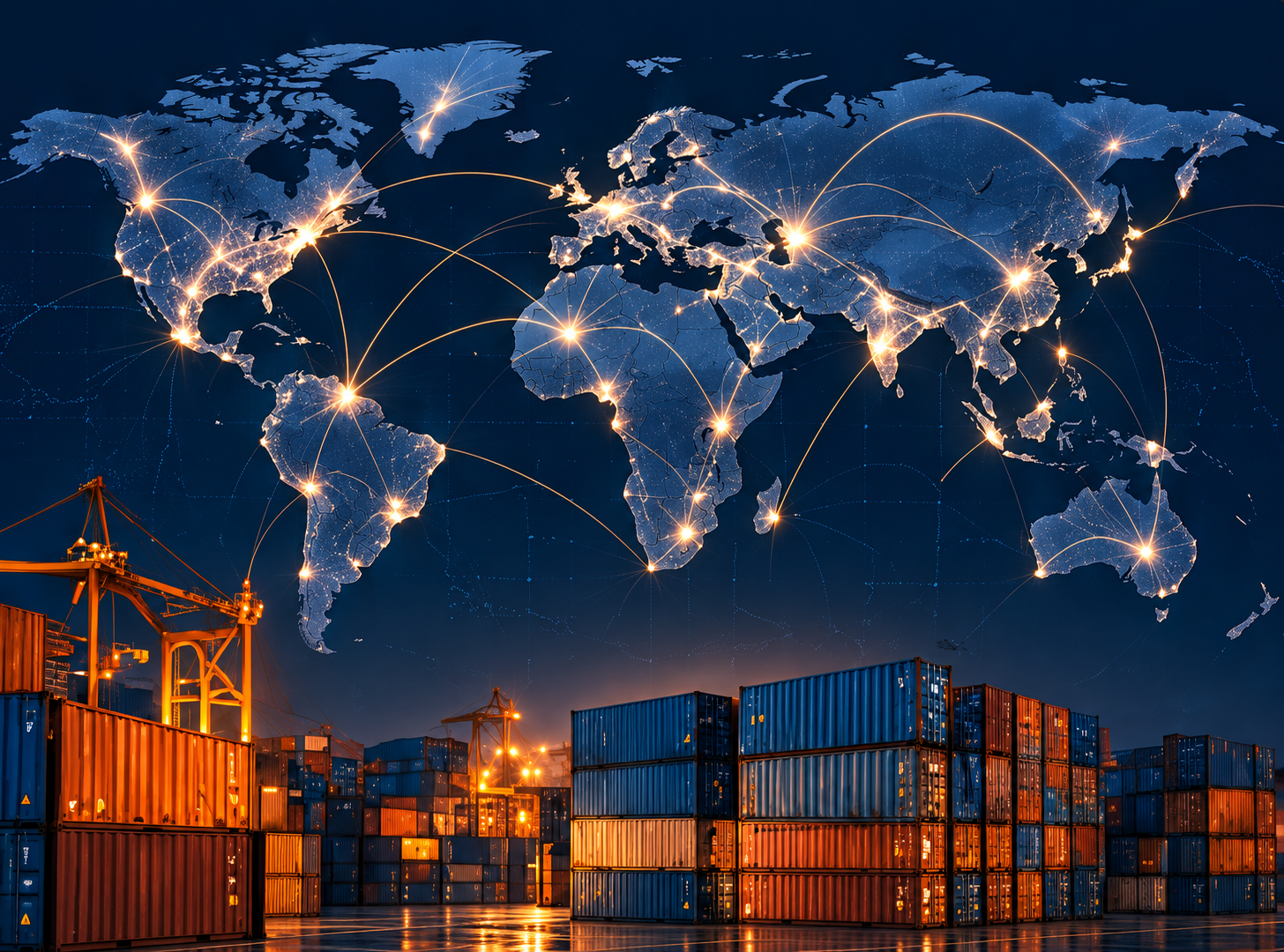 Global trade network map over shipping port